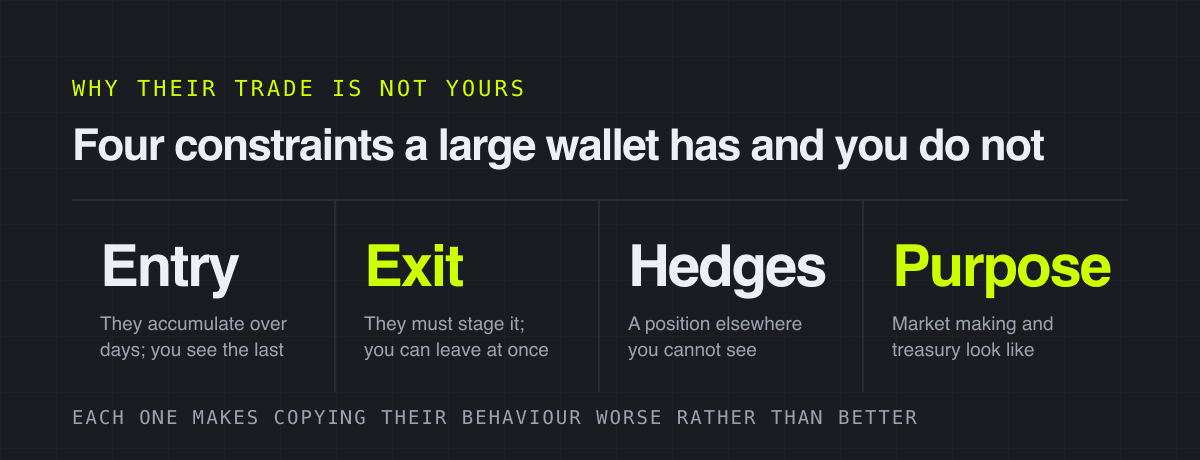 Four constraints a large wallet has and you do not – why their trade is not yours
